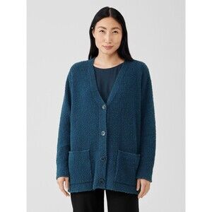 Eileen Fisher V-Neck Button-Down Boucle Cardigan Medium Organic Cotton Boxy